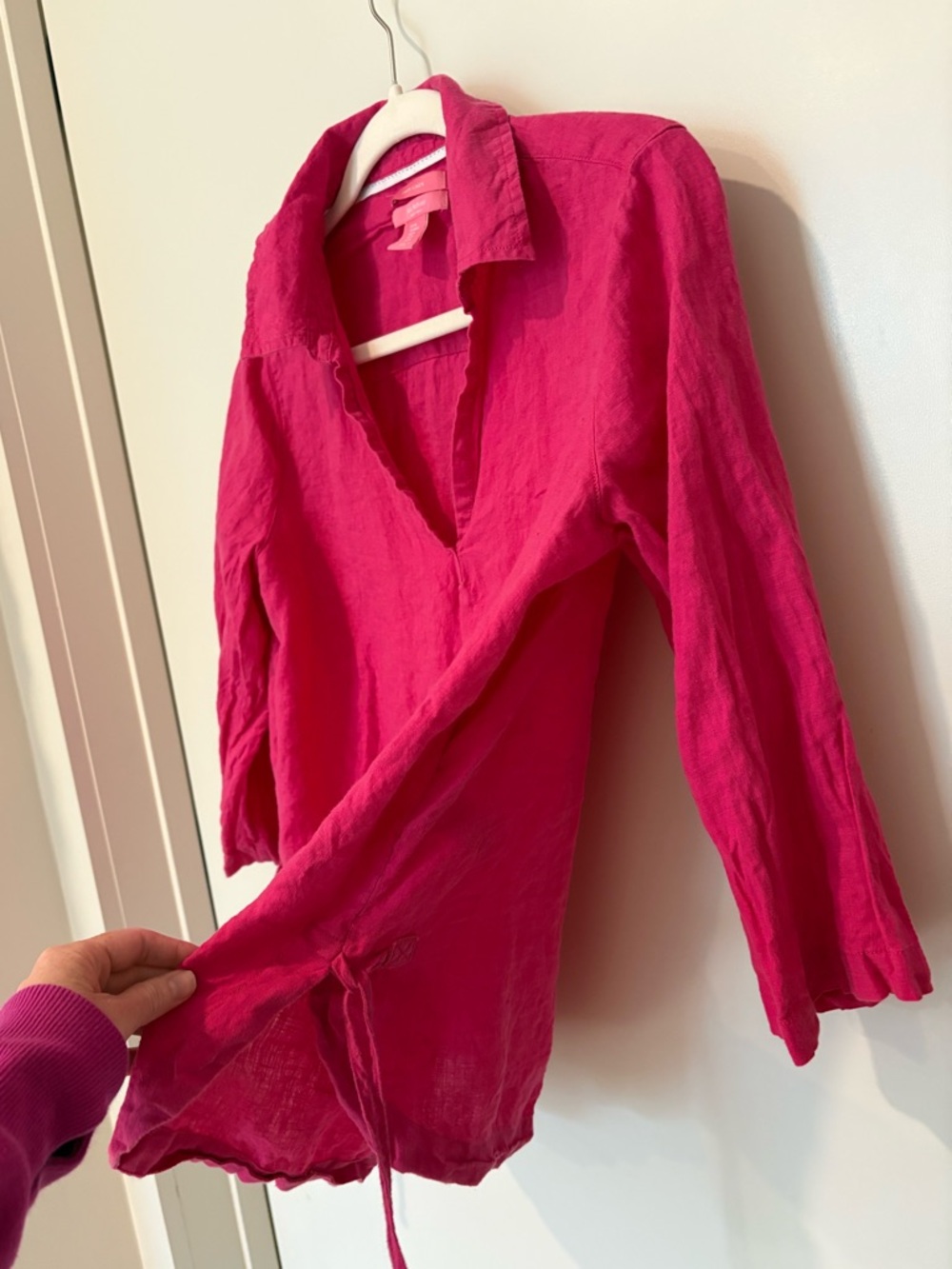 Isaac Mizrahi 100% Linen Fuchsia Pink V-Neck Collared Shirt Summer M - Picture 4 of 11